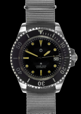 MWC 24 Jewel 1982 Pattern 300m Automatic Military Divers Watch with Sapphire Crystal and both a Grey and a Black NATO Strap